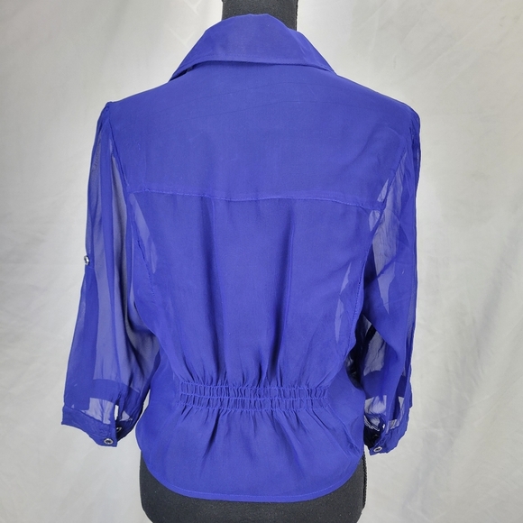Poetry Sheer Blue Button-Up Blouse Tie Front Size Large - Picture 4 of 8